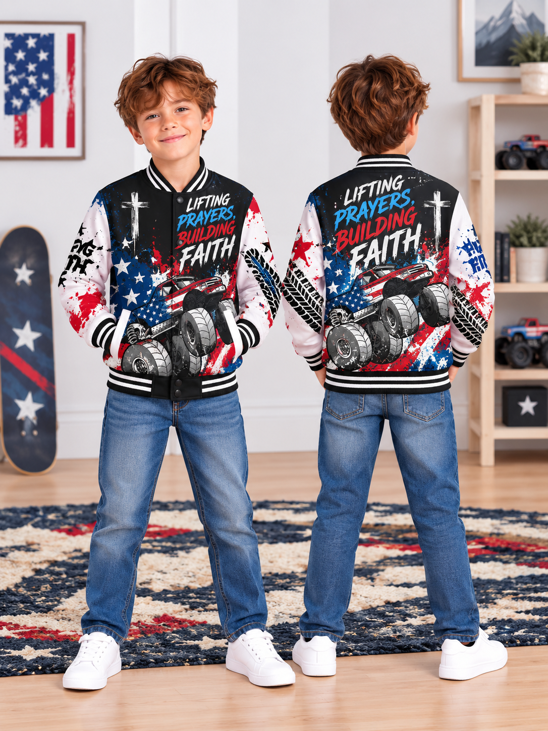 American Flag Monster Truck Kids Baseball Jacket