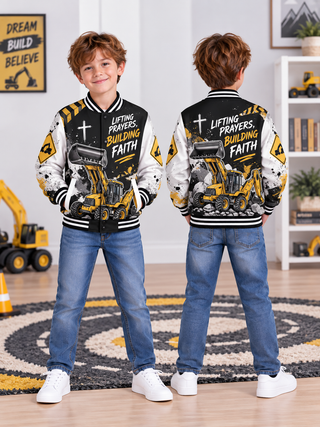 Lifting Prayers Backhoe Kids Baseball Jacket