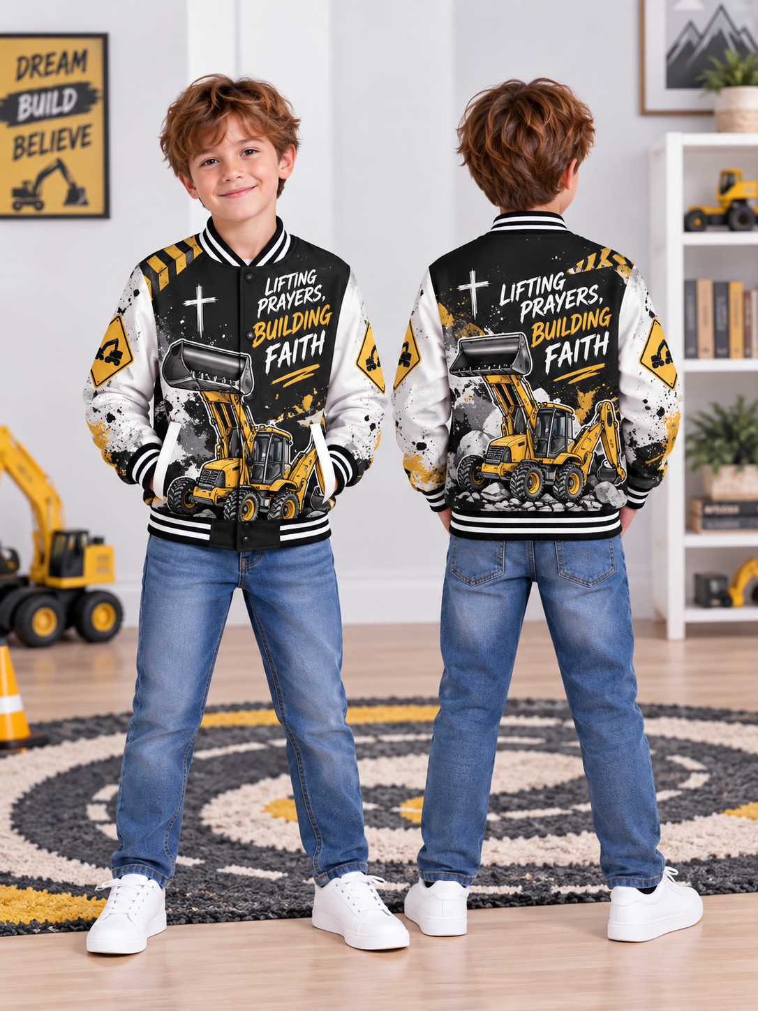 Lifting Prayers Backhoe Kids Baseball Jacket