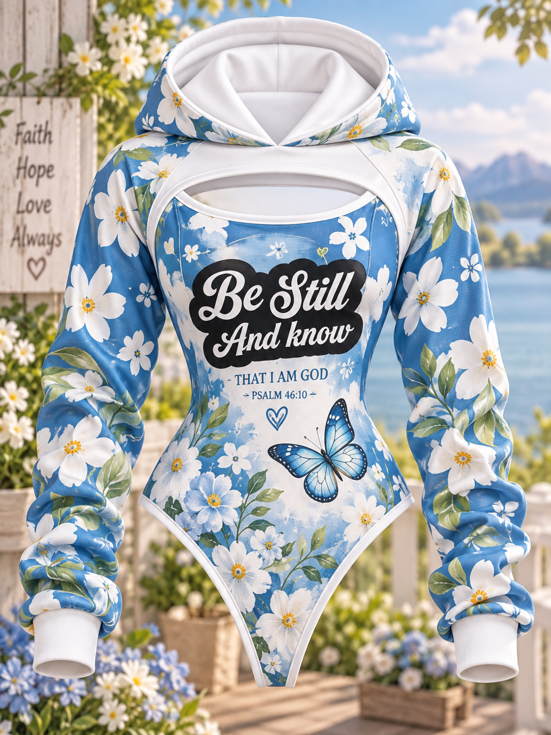 Be Still Blue Butterfly Daisy Hooded Jumpsuit