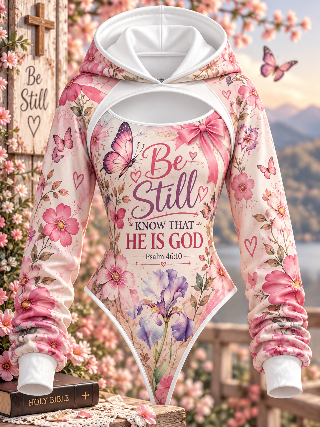 Be Still Pink Butterfly Bow Floral Hooded Jumpsuit