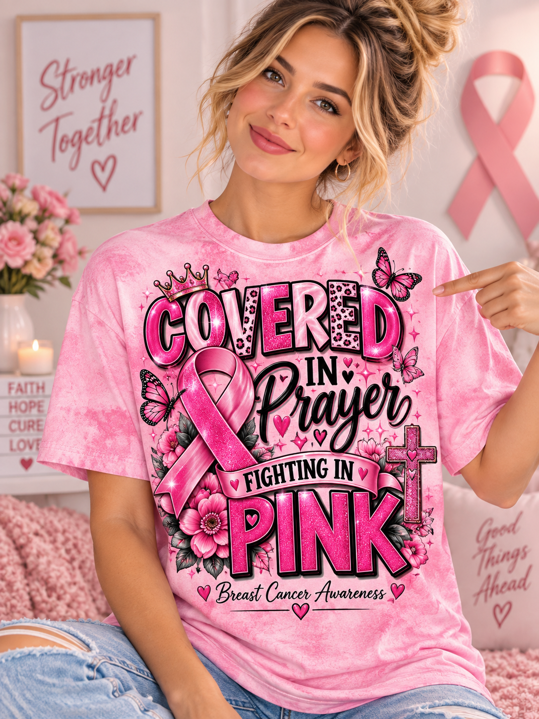 Covered In Prayer Fighting In Pink T-Shirt