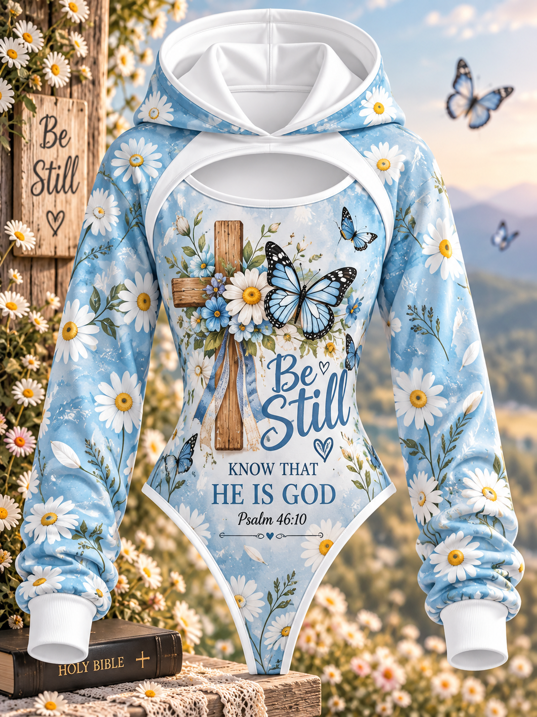 Be Still Blue Butterfly Cross Daisy Hooded Jumpsuit