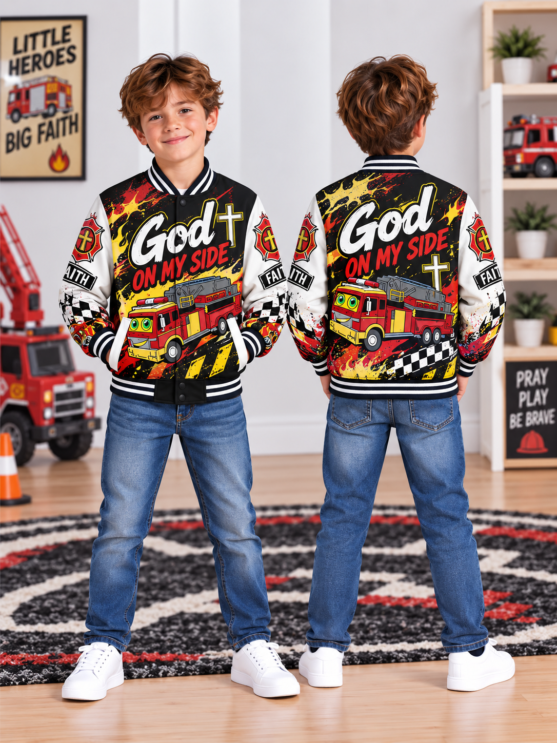 God On My Side Fire Truck Kids Baseball Jacket
