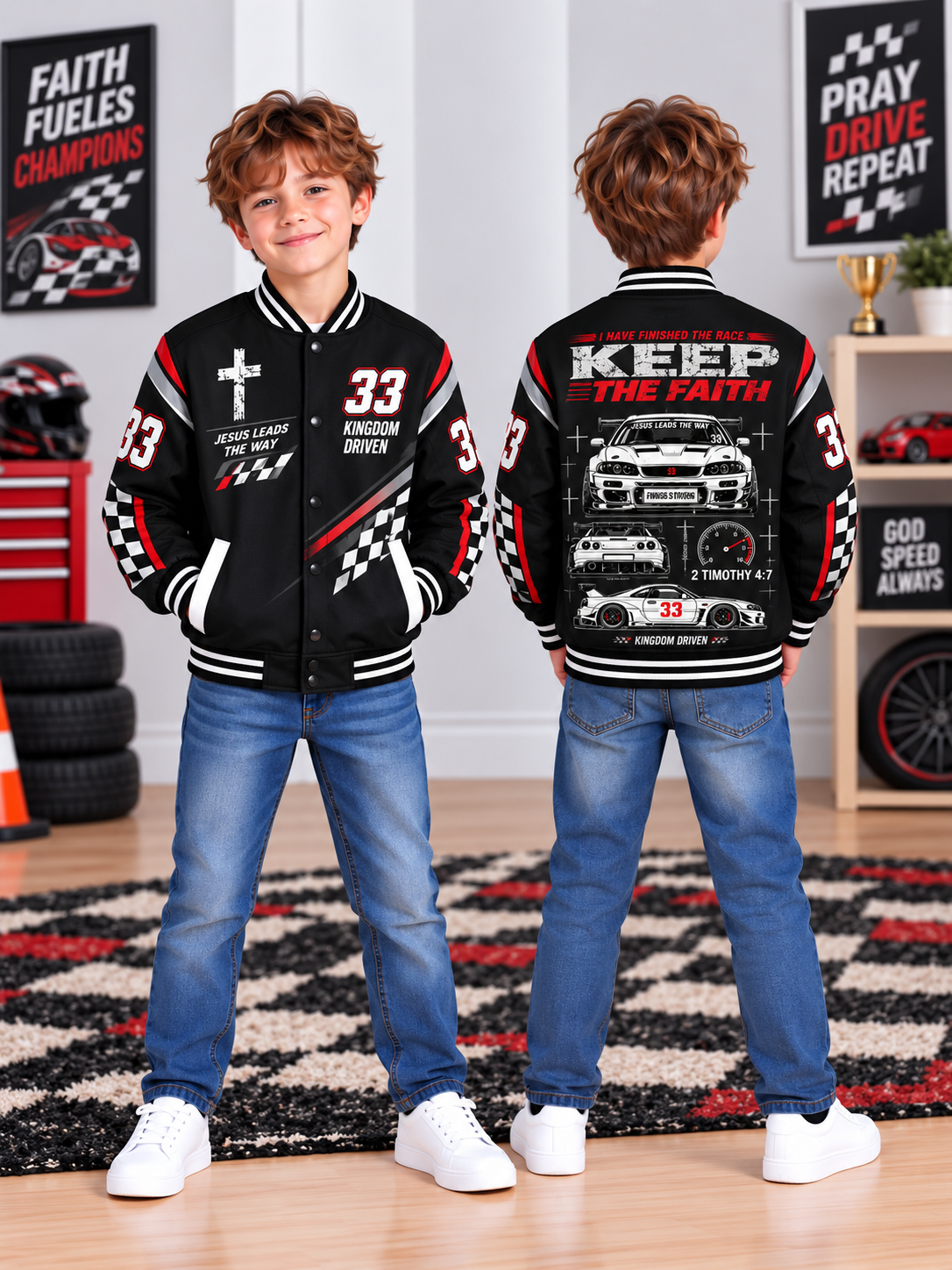 Keep The Faith Race Car Kids Baseball Jacket