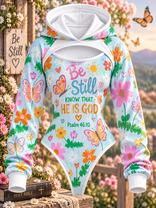 Be Still Colorful Butterfly Garden Hooded Jumpsuit
