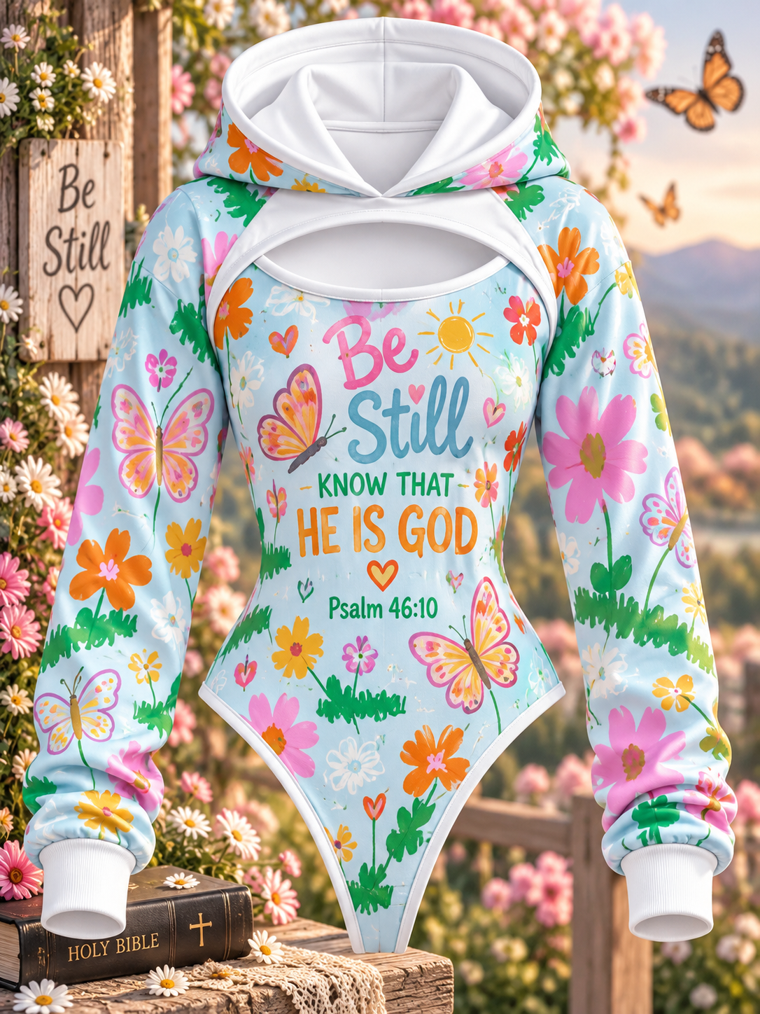 Be Still Colorful Butterfly Garden Hooded Jumpsuit
