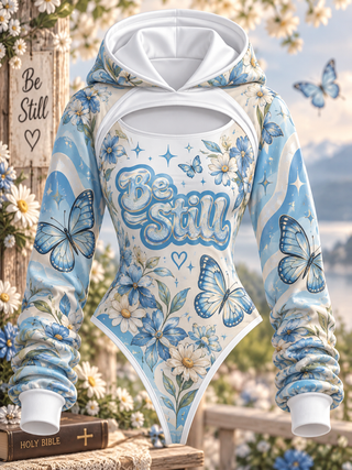 Be Still Retro Blue Butterfly Hooded Jumpsuit