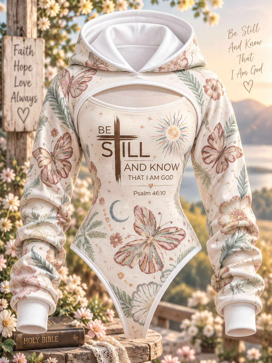 Be Still Cross and Butterfly Hooded Jumpsuit