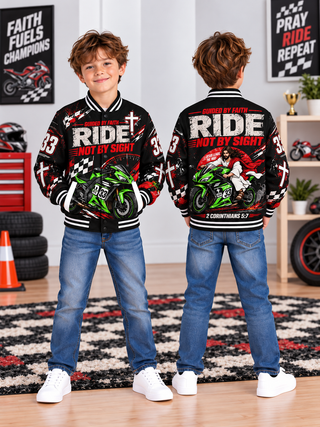 Ride Not By Sight Jesus Kids Baseball Jacket