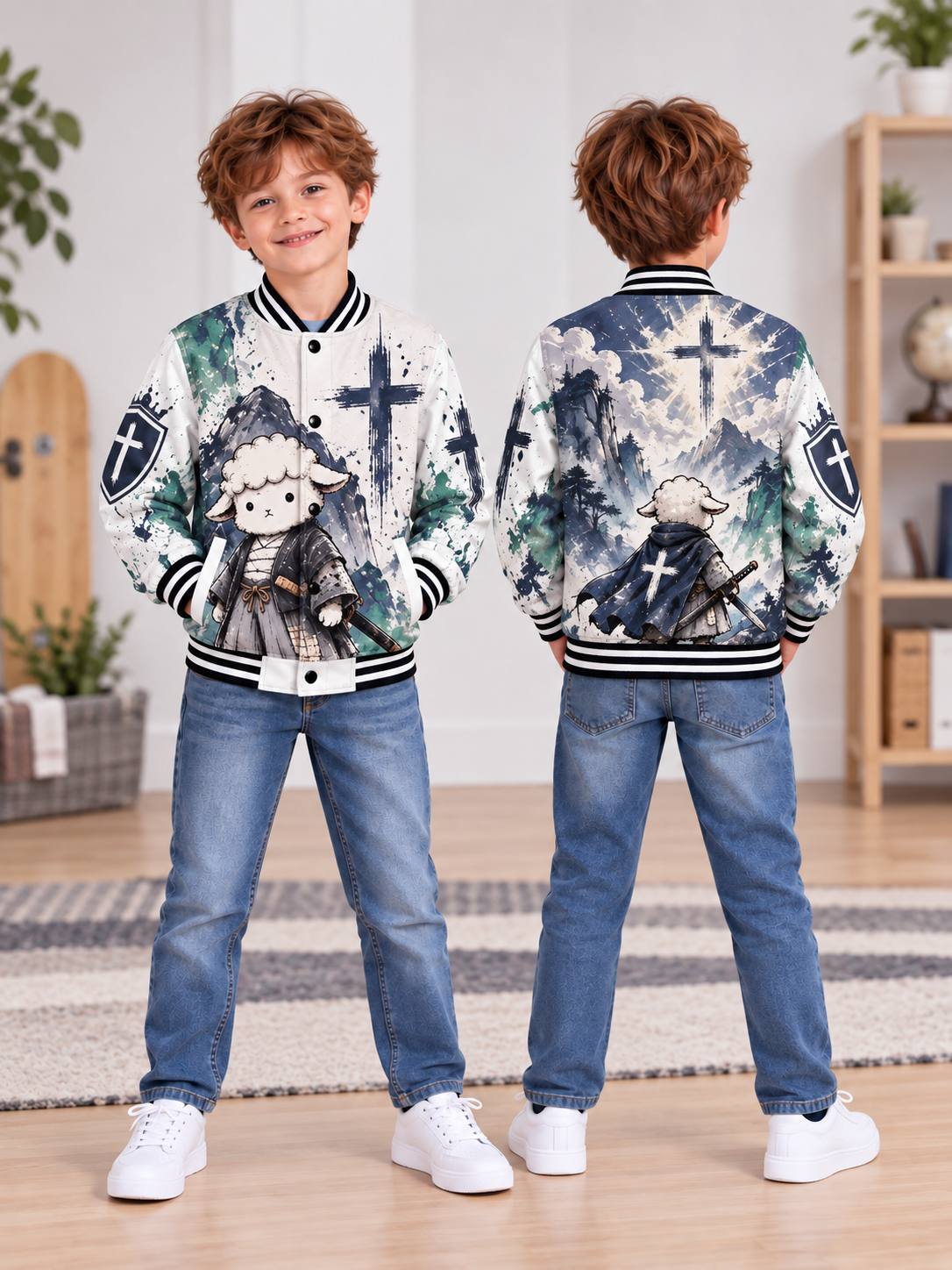 Cross Shield Warrior Lamb Kids Baseball Jacket