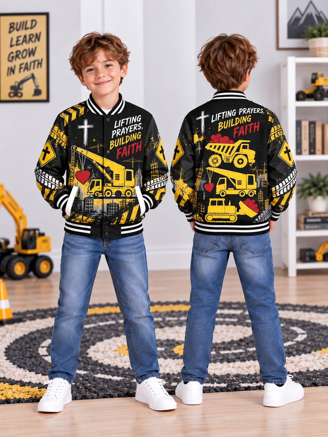 Lifting Prayers Construction Trucks Kids Baseball Jacket