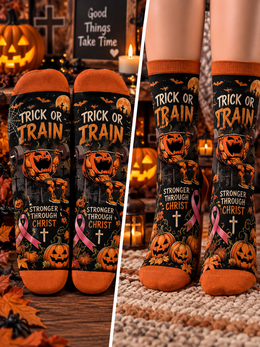 Trick or Train Stronger Through Christ Mid-Tube Socks