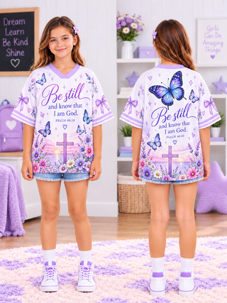 Be Still Purple Butterfly Kids T-Shirt Jersey