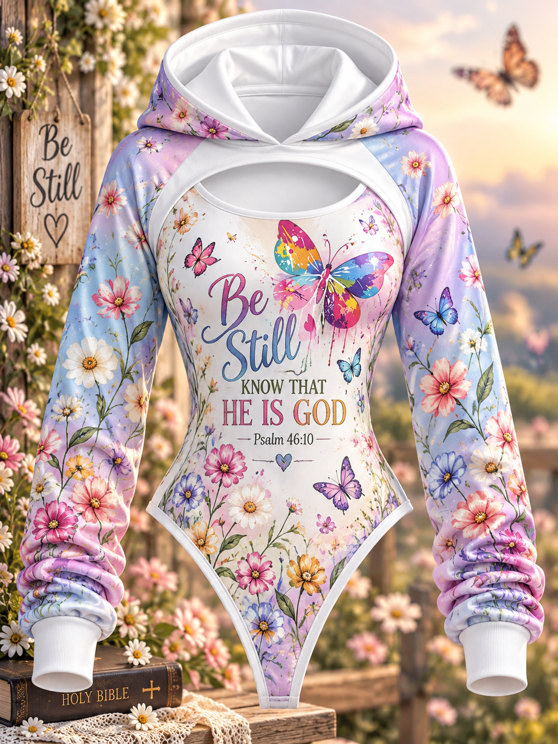 Be Still Watercolor Butterfly Floral Hooded Jumpsuit