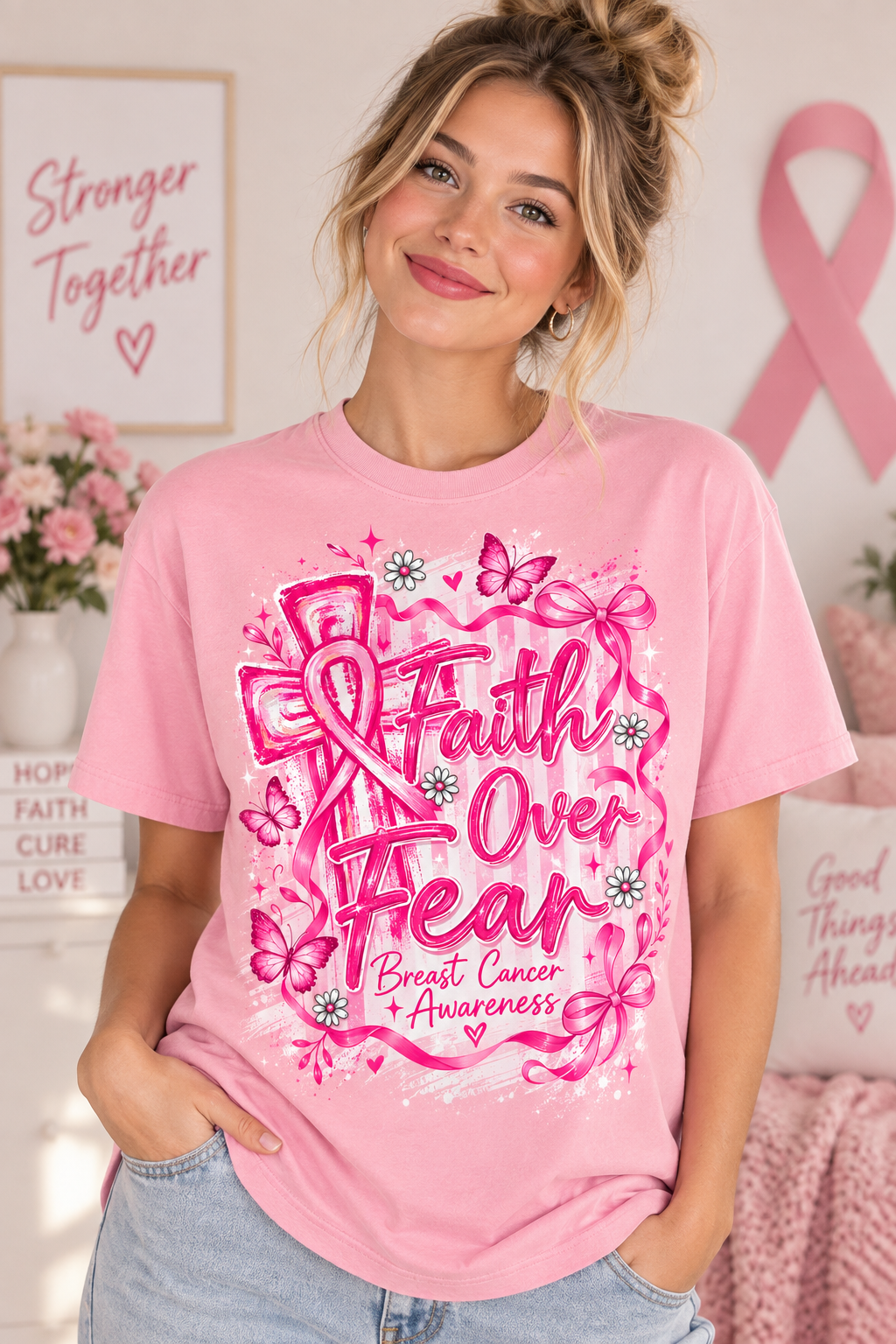 Faith Over Fear Breast Cancer Awareness T-Shirt