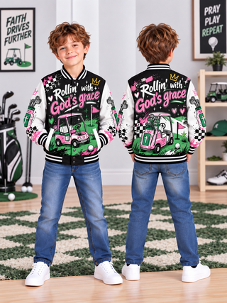 Rollin With Gods Grace Golf Cart Kids Baseball Jacket