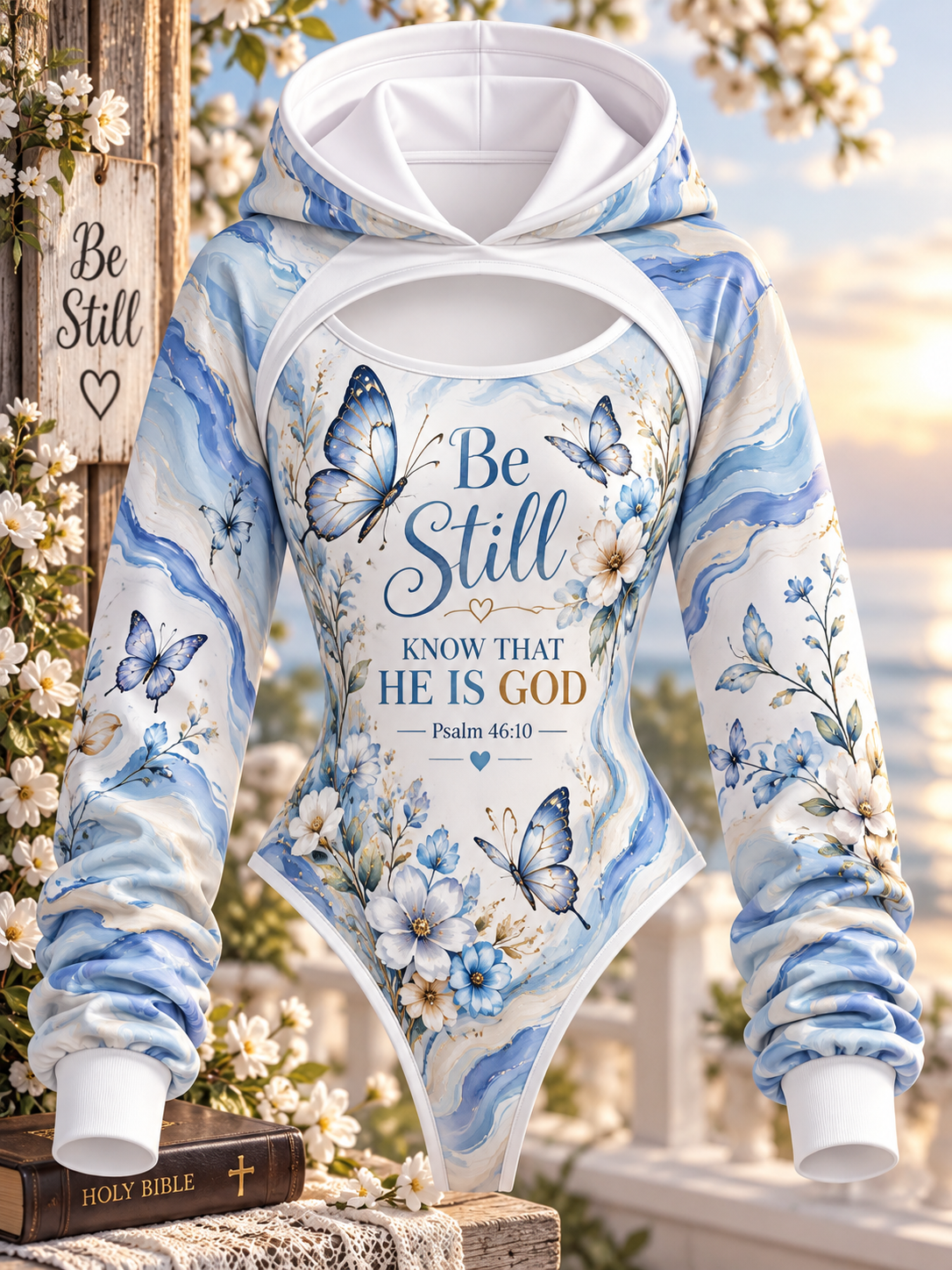 Be Still Blue Butterfly Hooded Jumpsuit