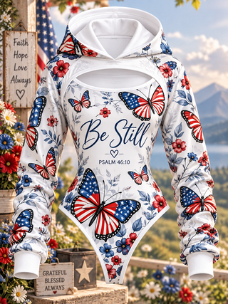 Be Still Patriotic Butterfly Floral Hooded Jumpsuit