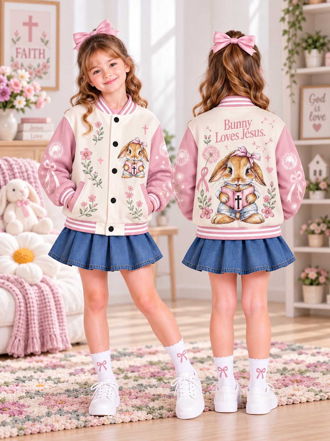Bunny Loves Jesus Kids Baseball Jacket