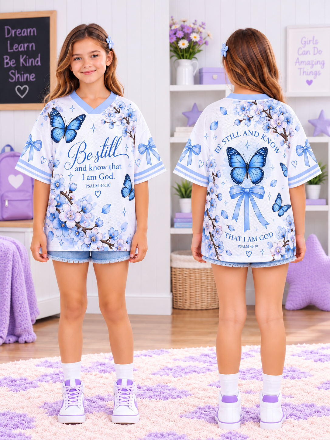 Be Still Blue Butterfly Kids T-Shirt Jersey