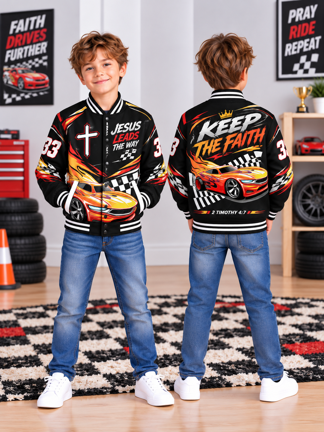 Keep The Faith Orange Race Car Kids Baseball Jacket