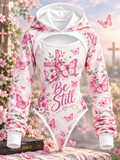 Be Still Pink Butterfly Cross Hooded Jumpsuit