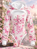 Be Still Pink Butterfly Cross Hooded Jumpsuit