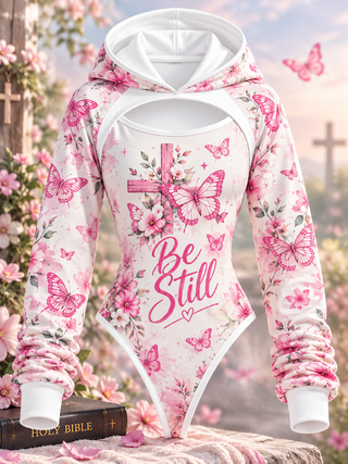 Be Still Pink Butterfly Cross Hooded Jumpsuit