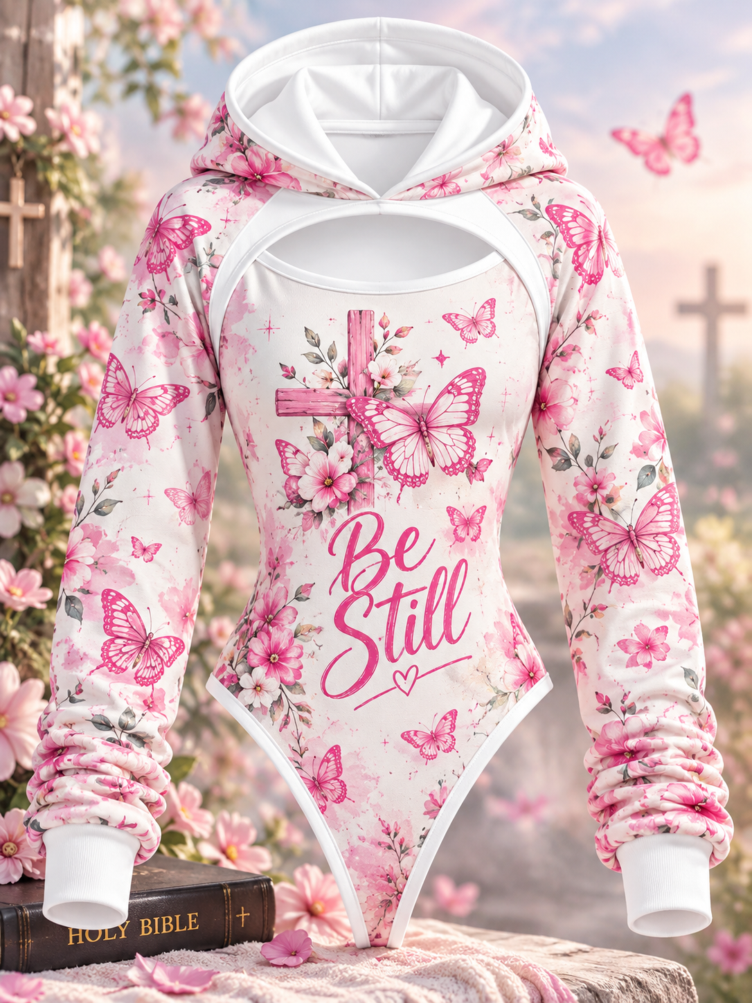 Be Still Pink Butterfly Cross Hooded Jumpsuit