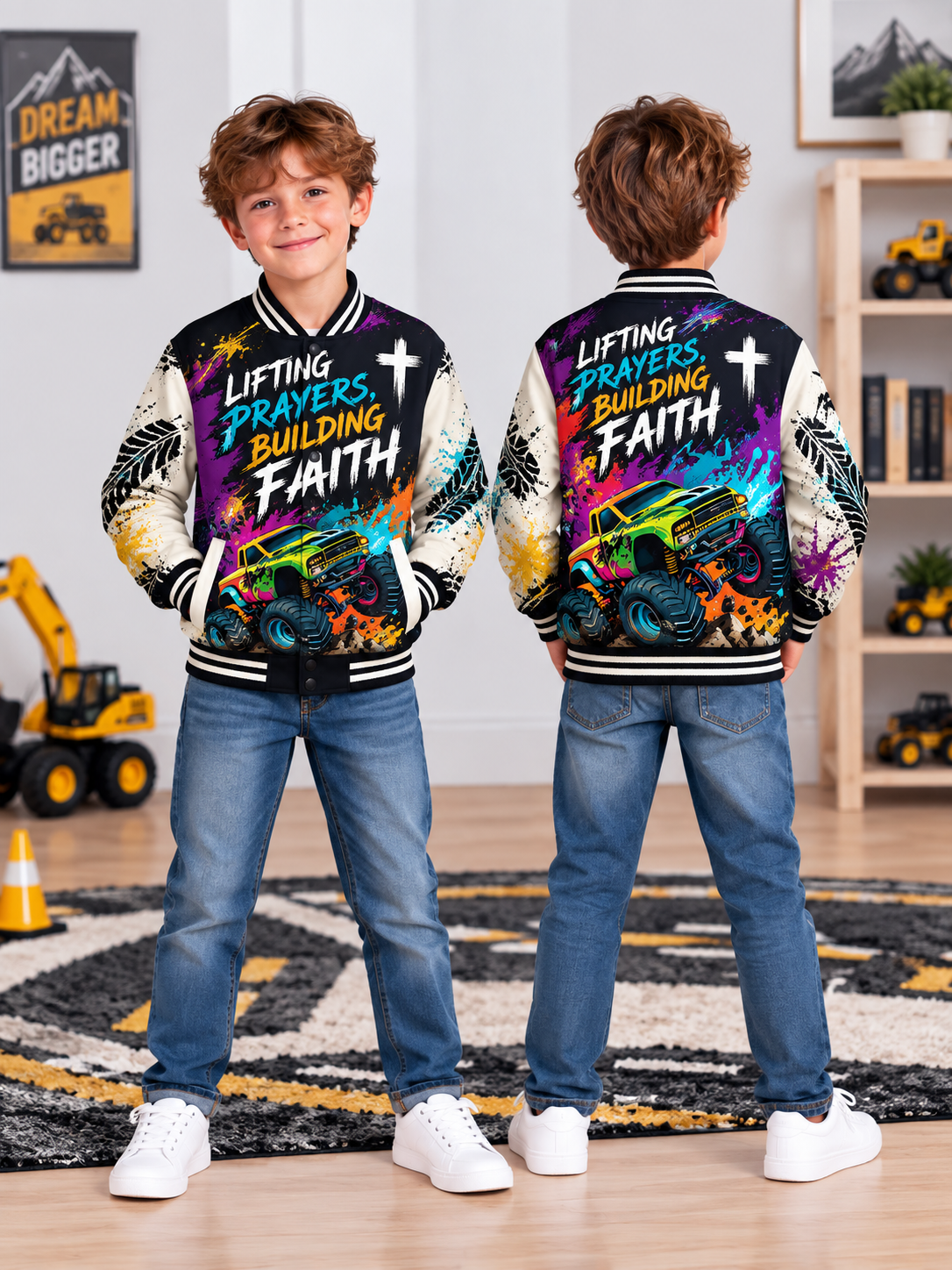 Lifting Prayers Monster Truck Kids Baseball Jacket