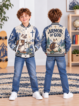 Armor of God Scooter Cat Kids Baseball Jacket
