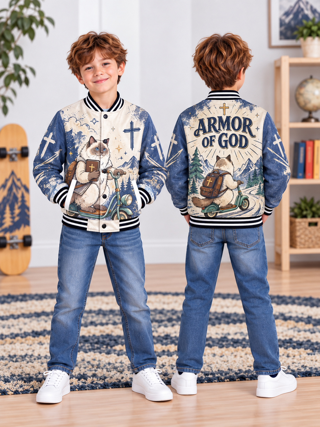 Armor of God Scooter Cat Kids Baseball Jacket