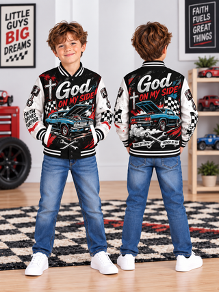 God On My Side Muscle Car Kids Baseball Jacket