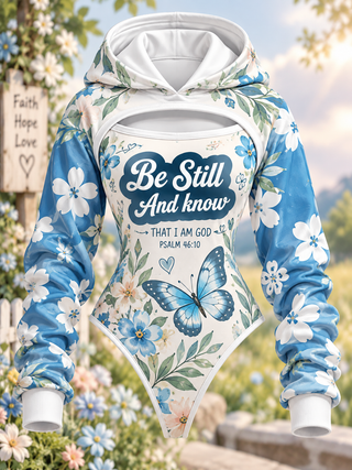 Be Still Blue Butterfly Floral Hooded Jumpsuit