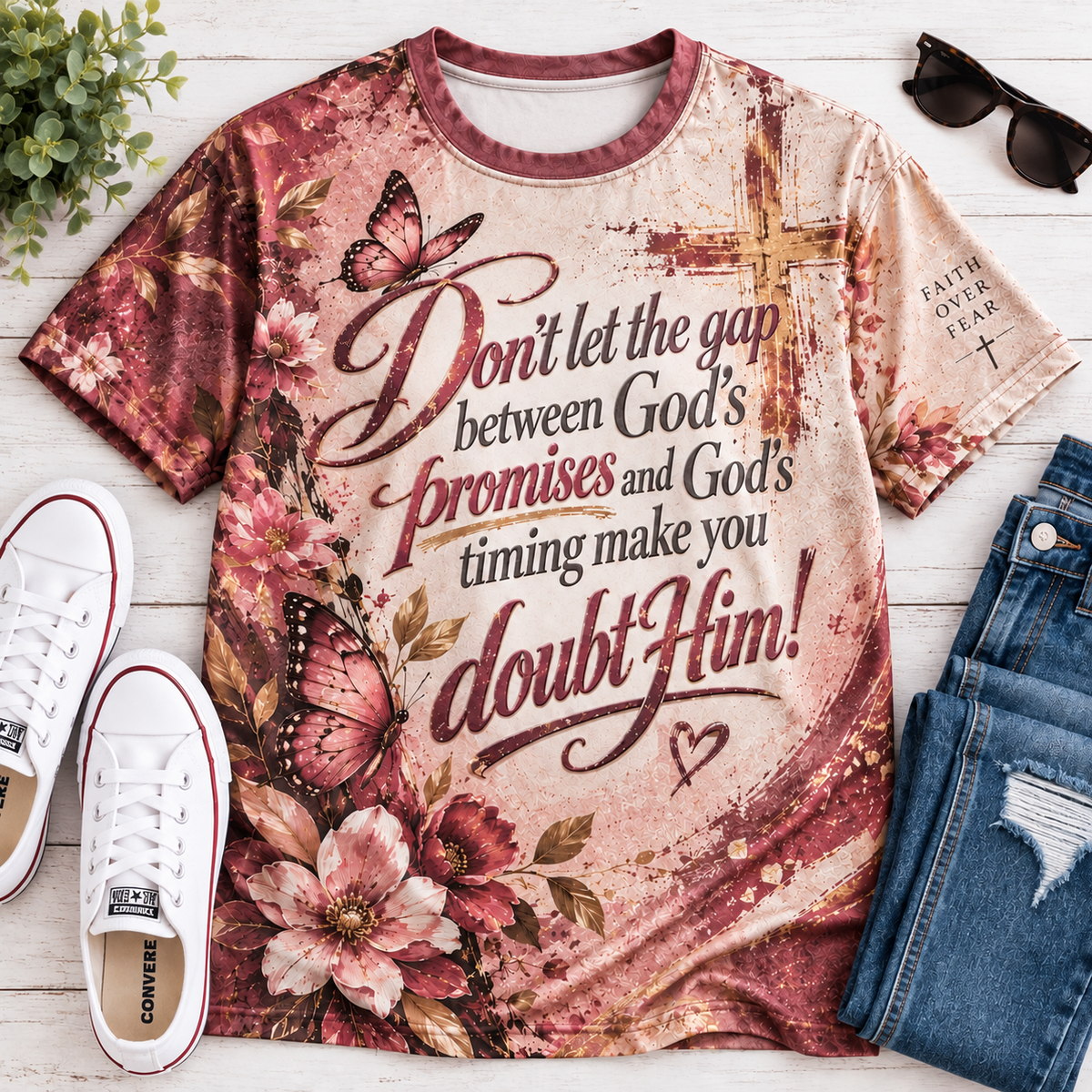 Don't Let the Gap Between God's Promises & Timing Make You Doubt Him | Floral Butterfly Christian T-Shirt