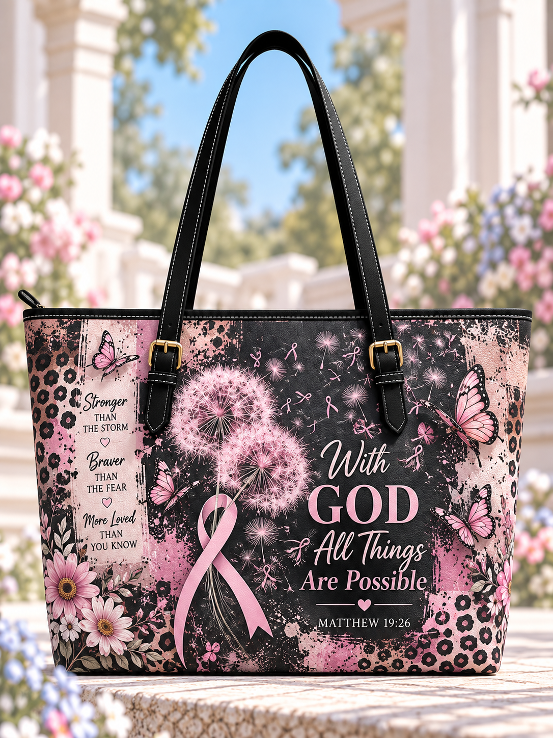 With God All Things Are Possible Pink Ribbon Dandelion Saddle Bag