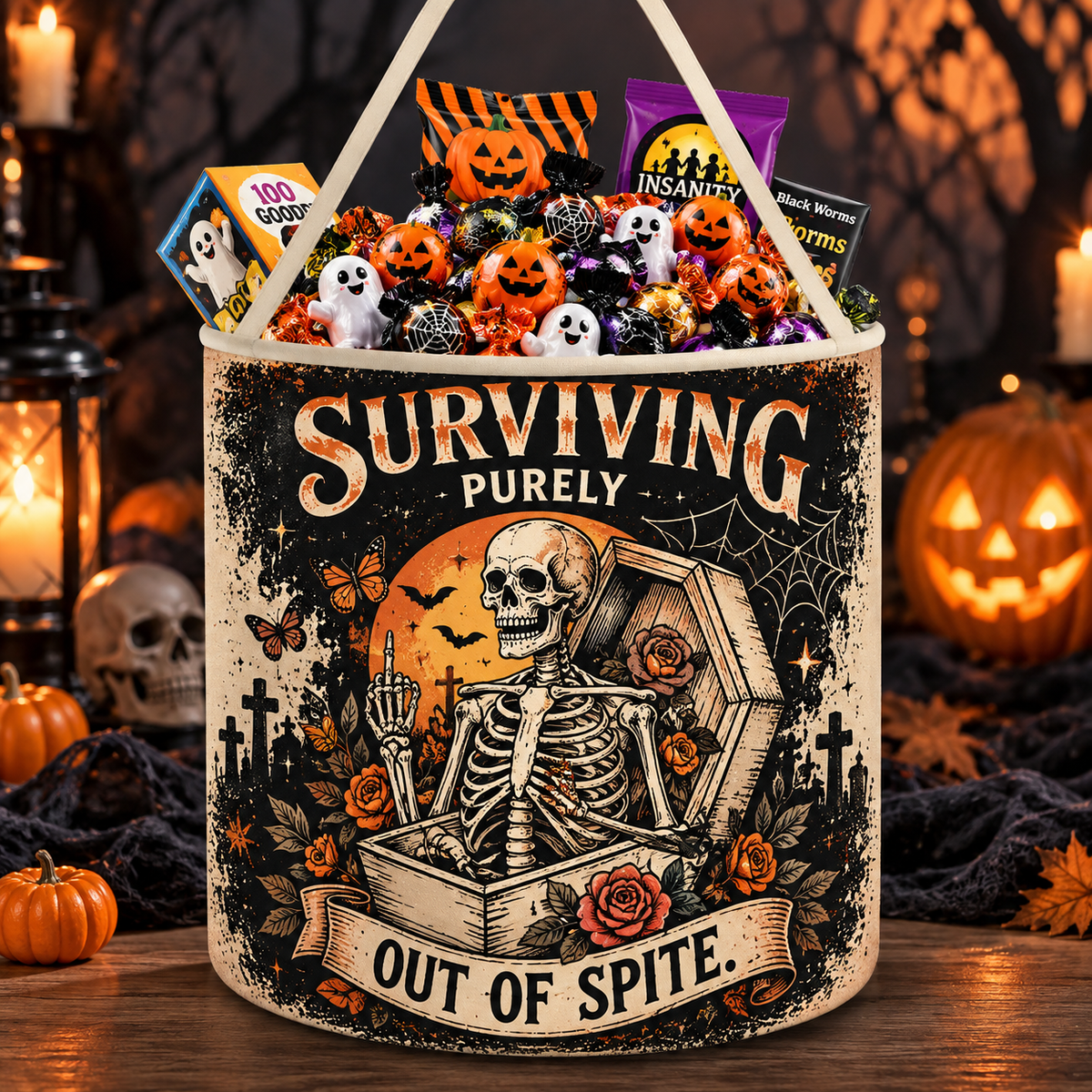 Surviving Purely Out Of Spite Skeleton Halloween Candy Basket