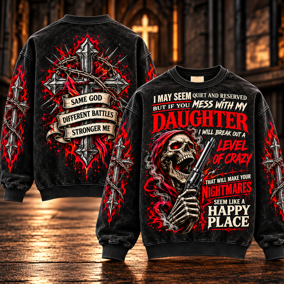 Don't Mess With My Daughter – Red Hooded Skull Sweatshirt
