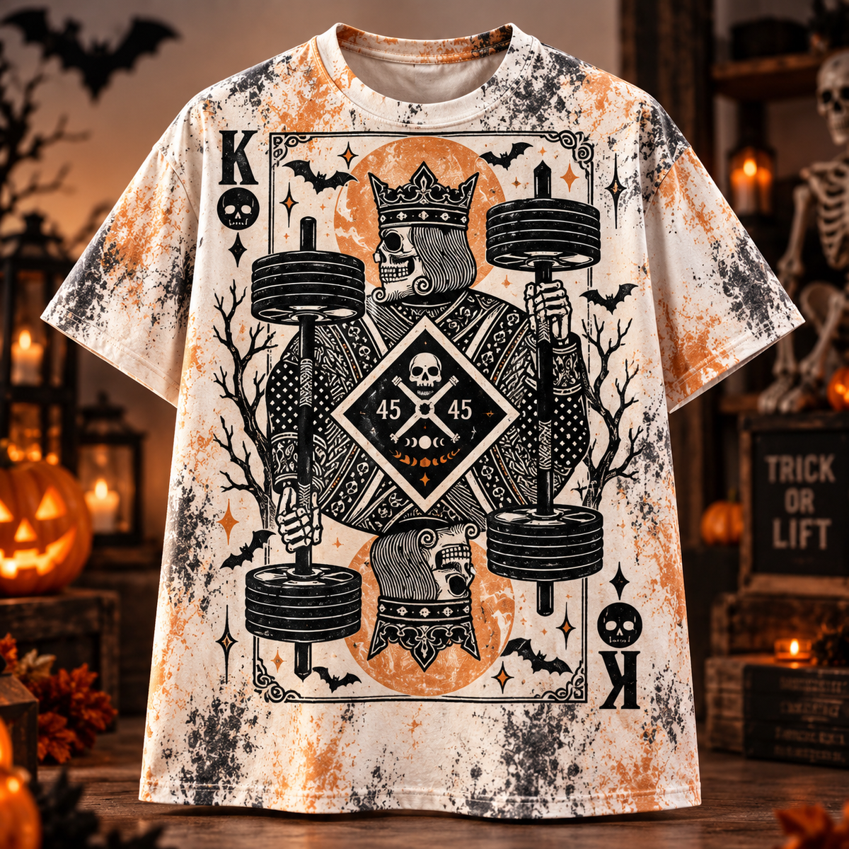 Skeleton King Lifting Weights T-Shirt
