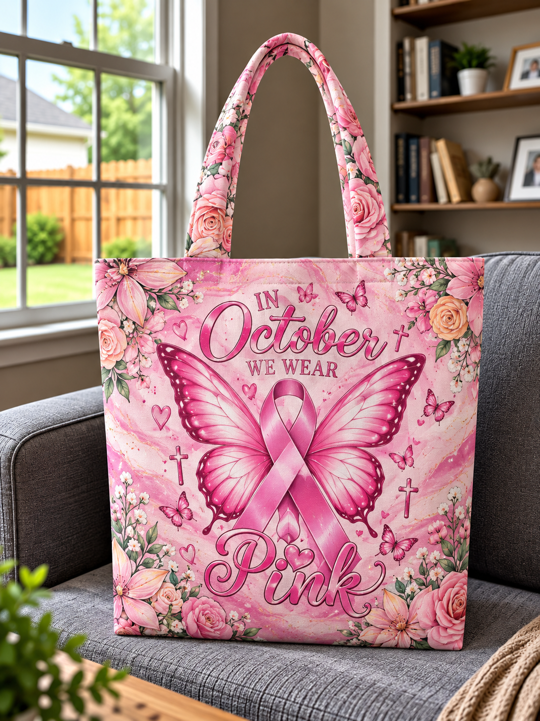 In October We Wear Pink Ribbon Butterfly Rose Tote Bag