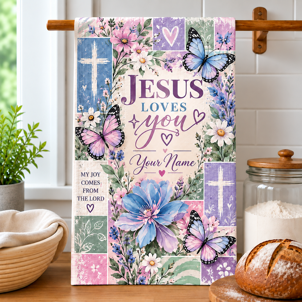 Personalized Jesus Loves You Butterfly Kitchen Towel