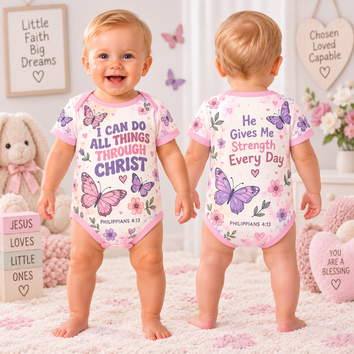 Baby bodysuit with pink purple butterflies and I Can Do All Things Through Christ text