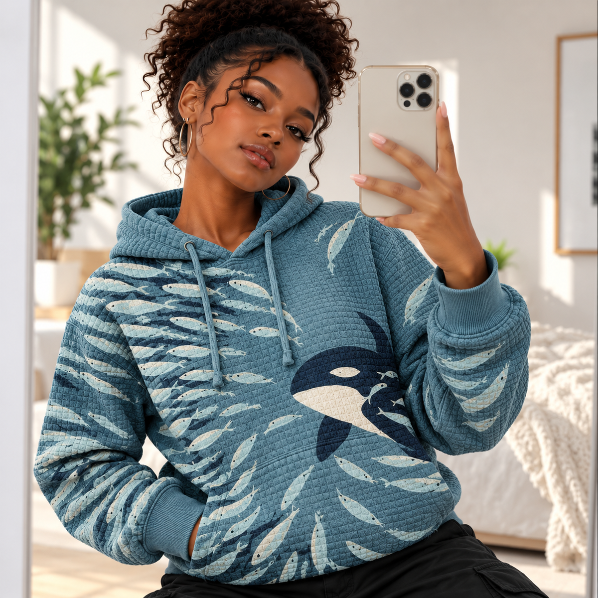 Orca and Fish Waffle Hoodie