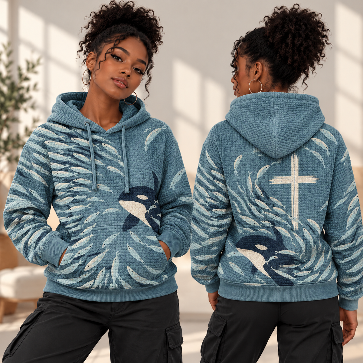 Orca and Fish Waffle Hoodie