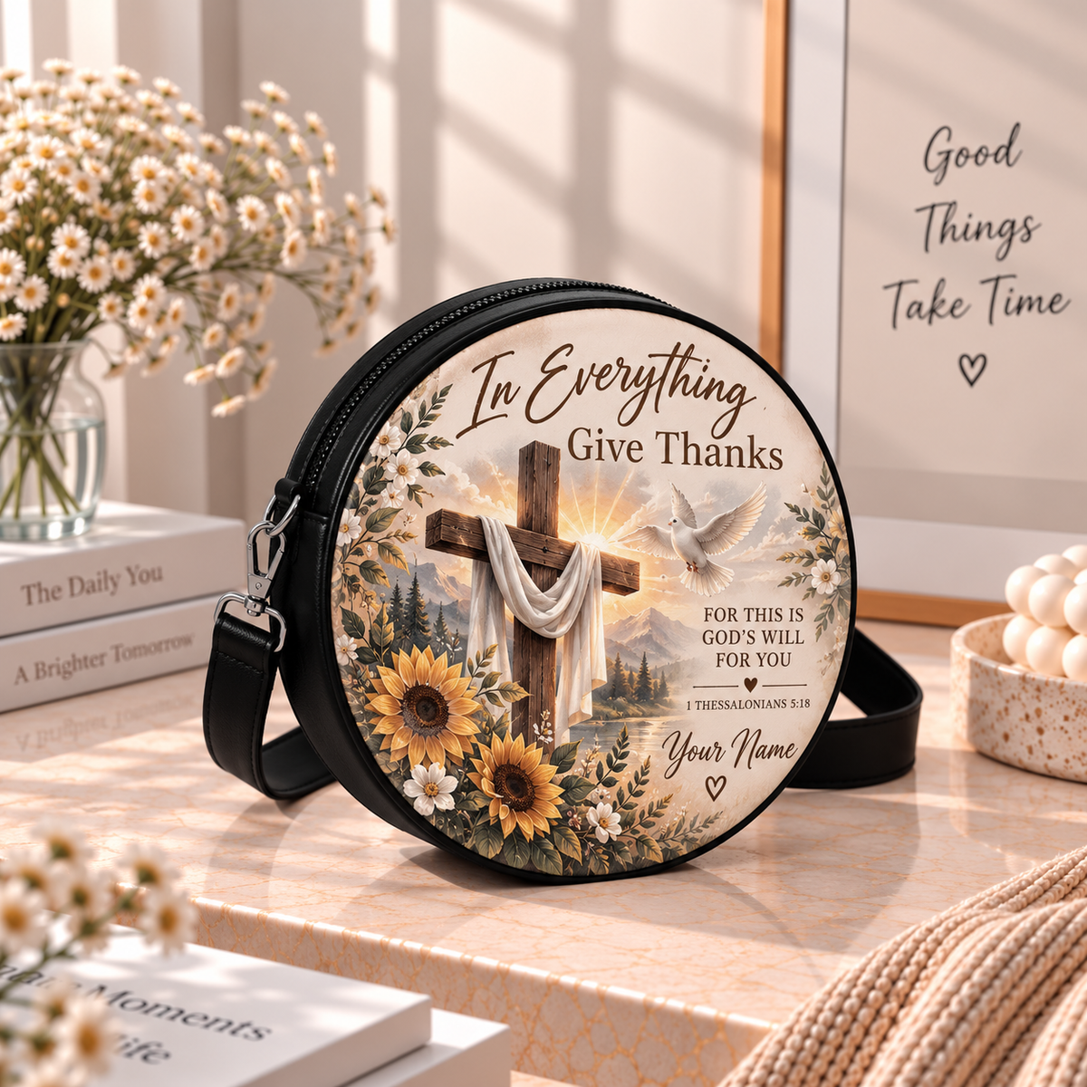 Personalized Give Thanks Cross Leather Round Bag