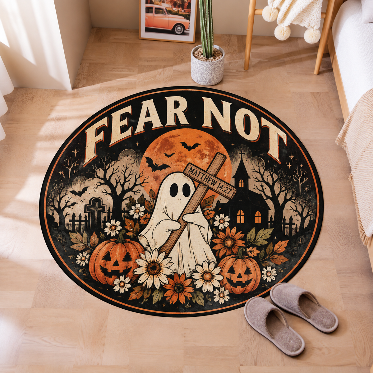 Fear Not Ghost Cross Halloween Round Rug