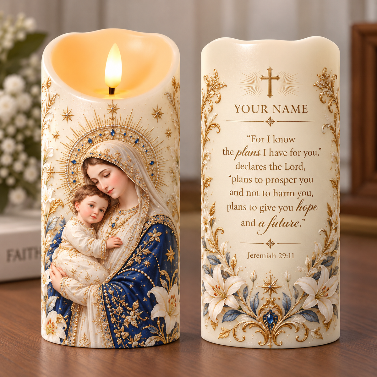 Personalized Virgin Mary and Baby Jesus Flameless LED Candle