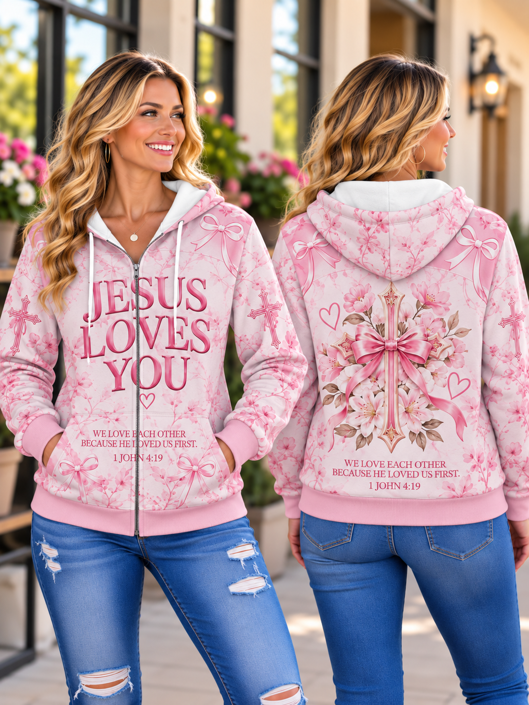Jesus Loves You Pink Cross Bow Zip Hoodie