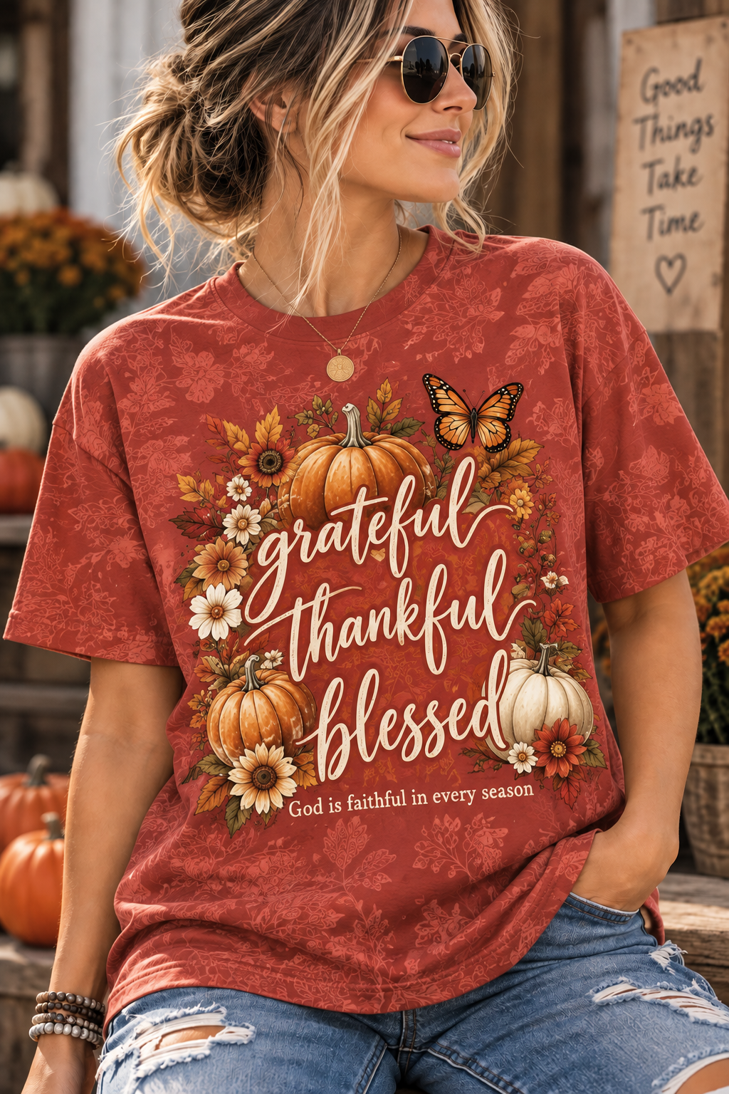 Grateful Thankful Blessed Fall Pumpkin Christian T-Shirt